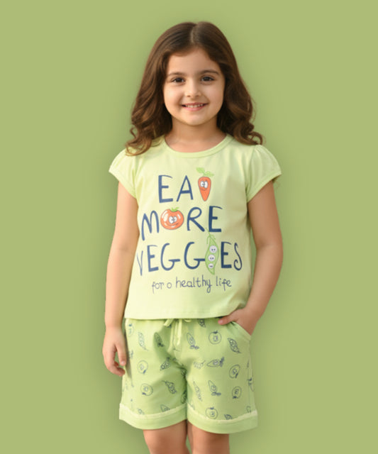 Eat More Veggies Short Sleeves Top & Hot Pant Set | Green