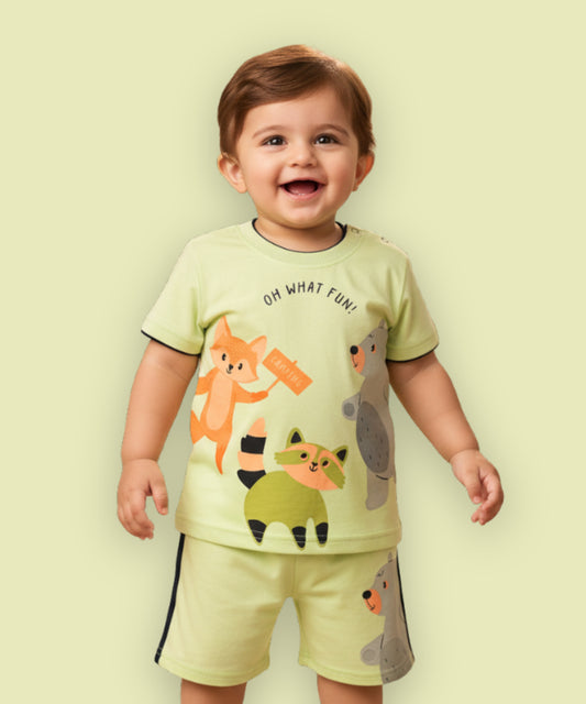 Oh What Fun Half Sleeves Shoulder Open T-Shirt & Half Pant Set | Green