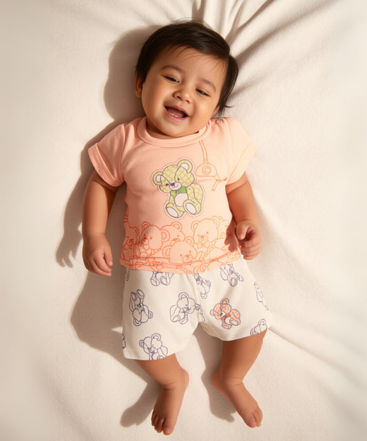 Teddy Bear Half Sleeves Shoulder Open T-Shirt & Half Pant Set | Orange