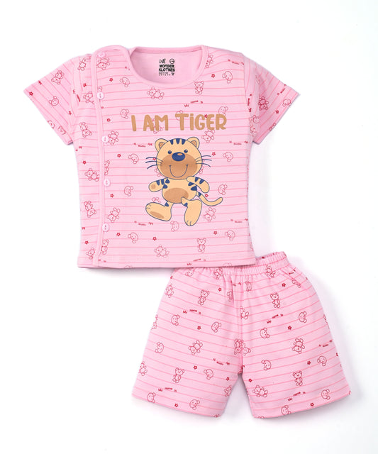 I Am Tiger Half Sleeves Front Open T-Shirt & Half Pant Set | Pink