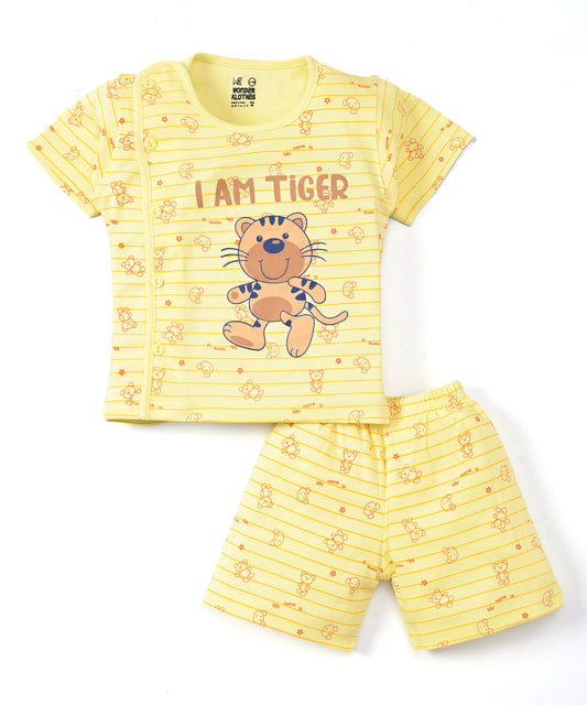I Am Tiger Half Sleeves Front Open T-Shirt & Half Pant Set | Yellow