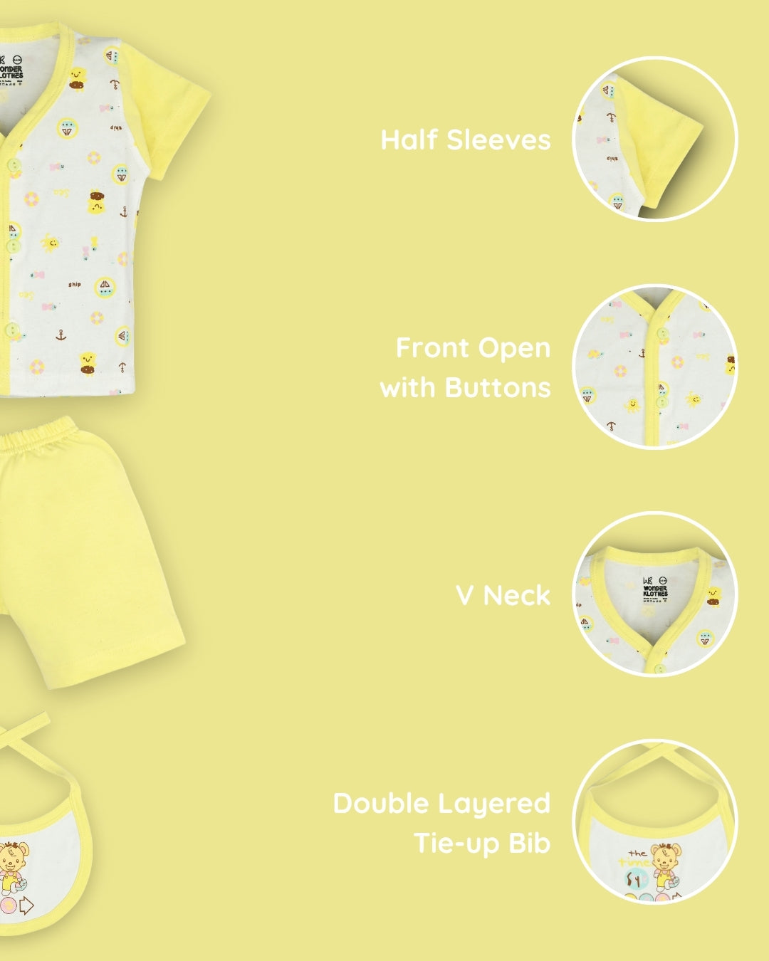 Sea Ship Half Sleeves Front Open T-Shirt & Half Pant Set with Bib | Yellow
