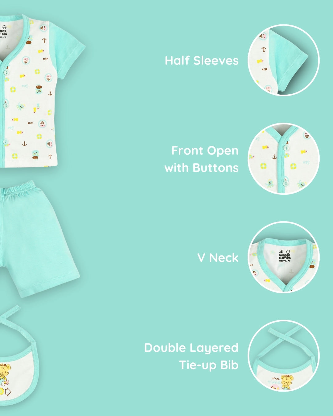 Sea Ship Half Sleeves Front Open T-Shirt & Half Pant Set with Bib | Blue