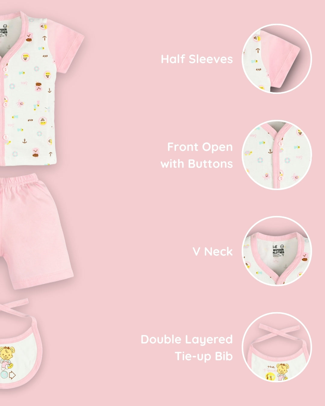 Sea Ship Half Sleeves Front Open T-Shirt & Half Pant Set with Bib | Pink