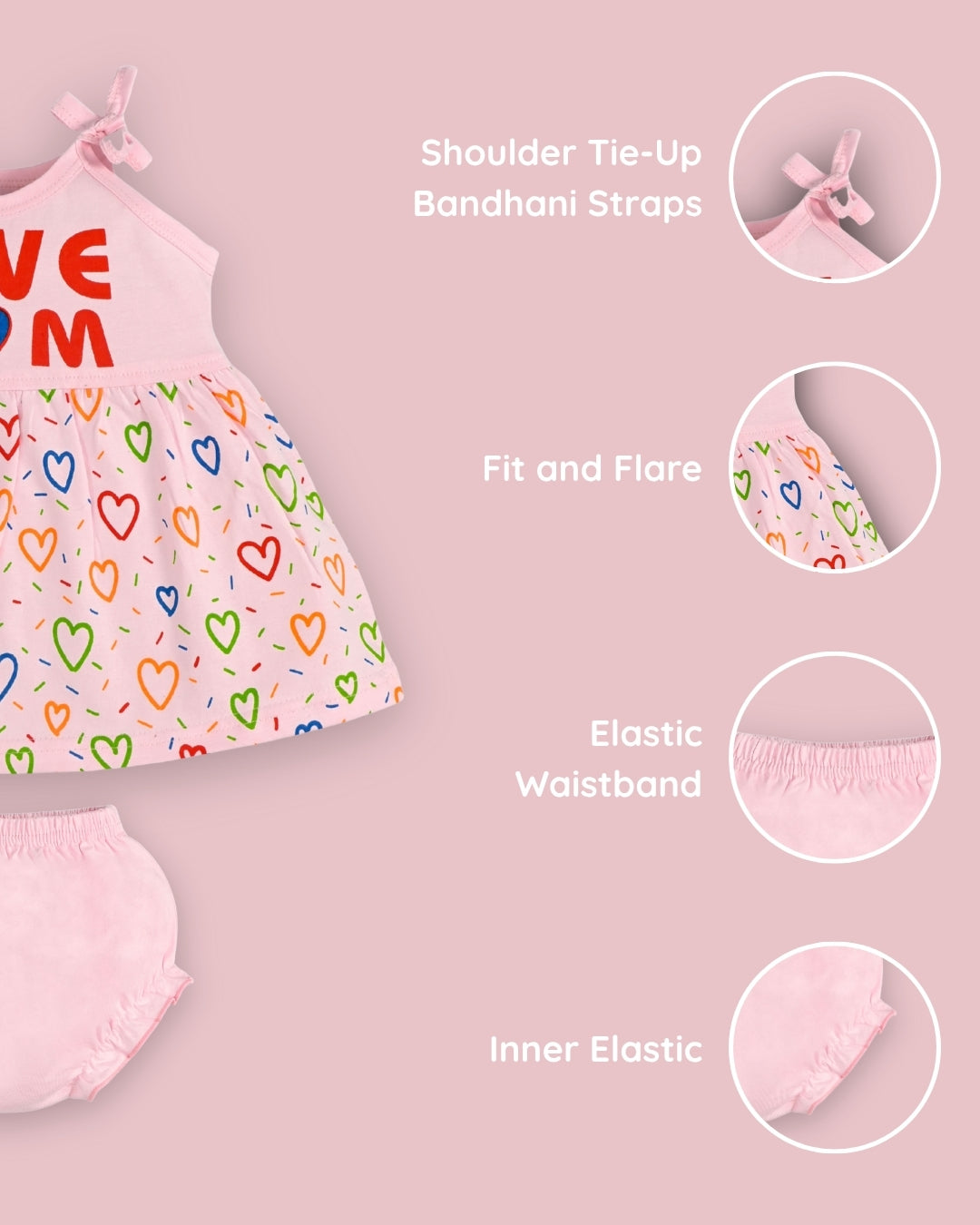 Love Mom Bandhani Straps Frock & Bloomer Pant Set | Pink