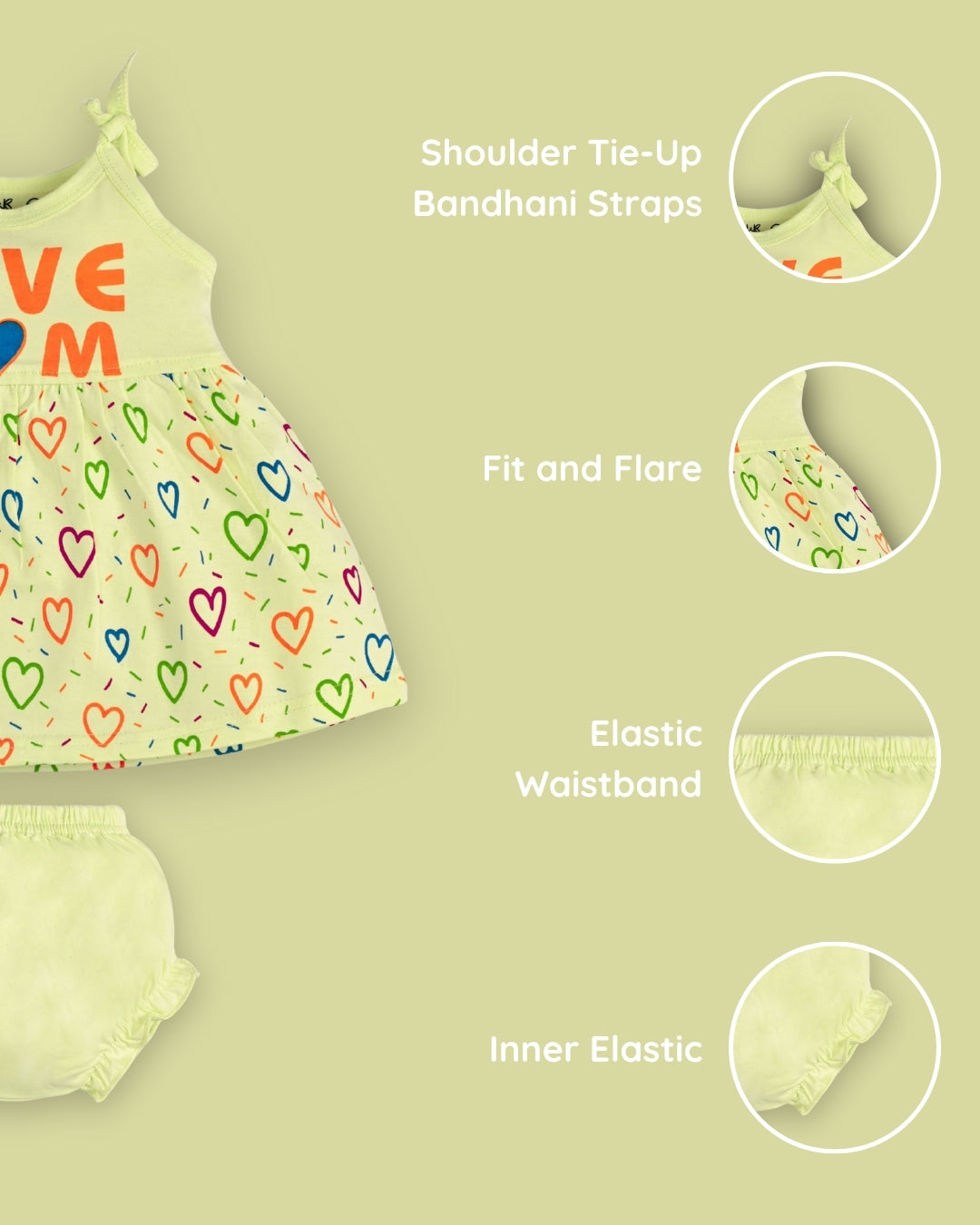 Love Mom Bandhani Straps Frock & Bloomer Pant Set | Green