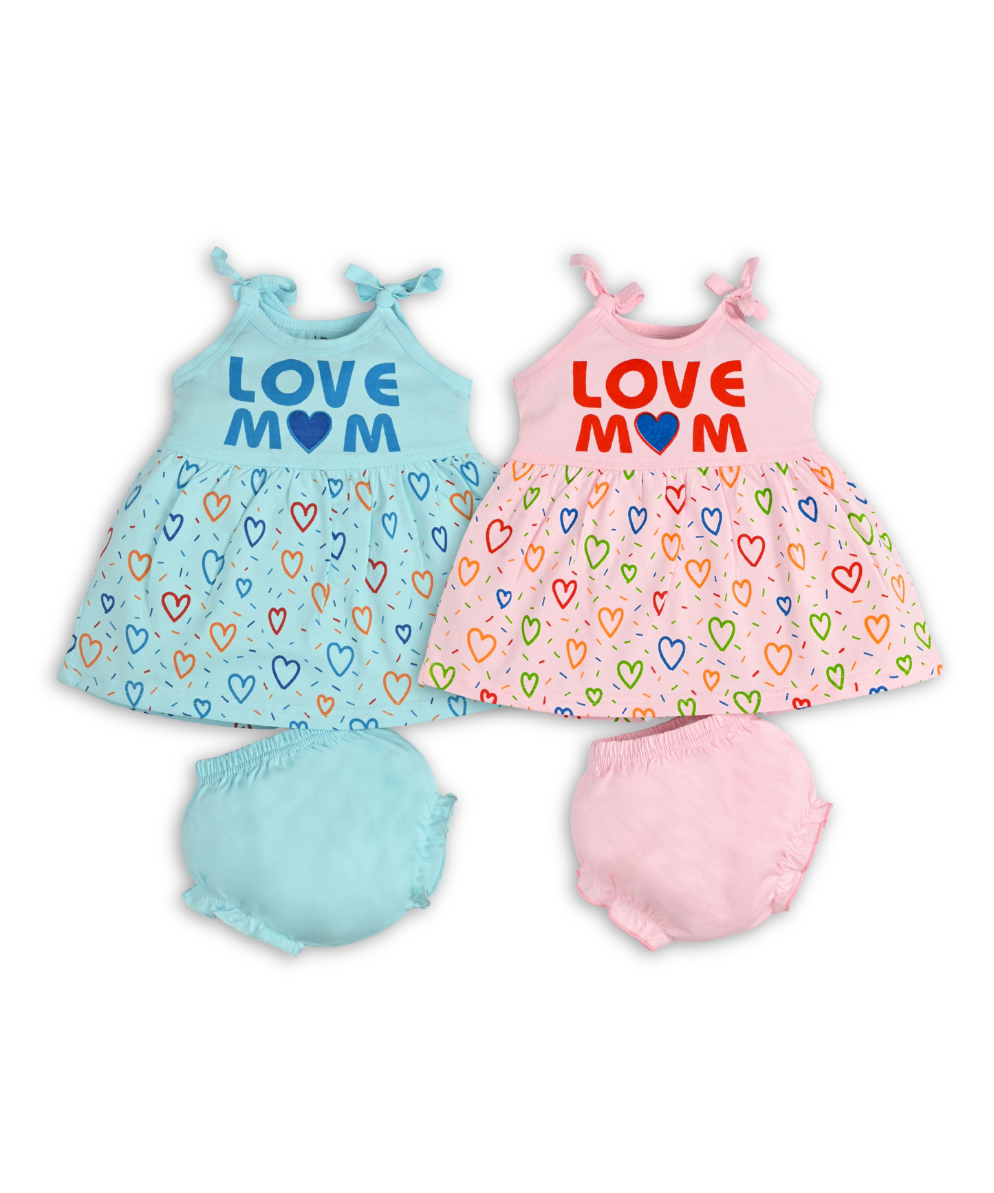 Love Mom Bandhani Straps Frock & Bloomer Pant Set | Pink & Blue | Pack of 2