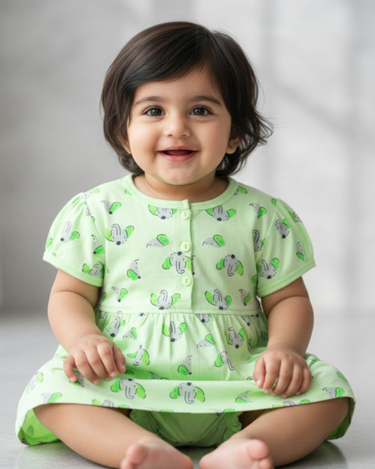 Elephant Half Sleeves Frock & Bloomer Pant Set | Green