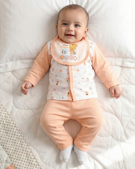 Sea Ship Full Sleeves Front Open T-Shirt & Pyjama Set with Bib | Orange