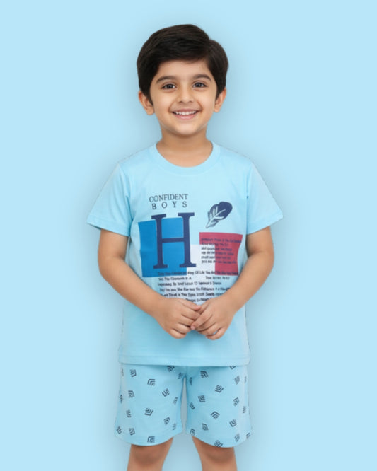 Feather Half Sleeves T-Shirt & Half Pant Set | Blue