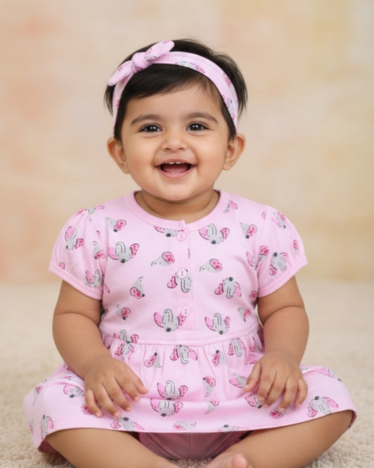 Elephant Half Sleeves Frock & Bloomer Pant Set | Pink