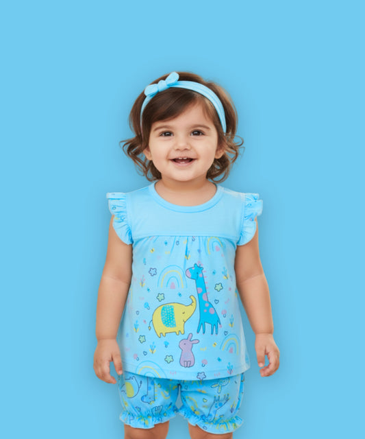 Jungle Joy Short Sleeves Frock & Bloomer Pant Set | Blue