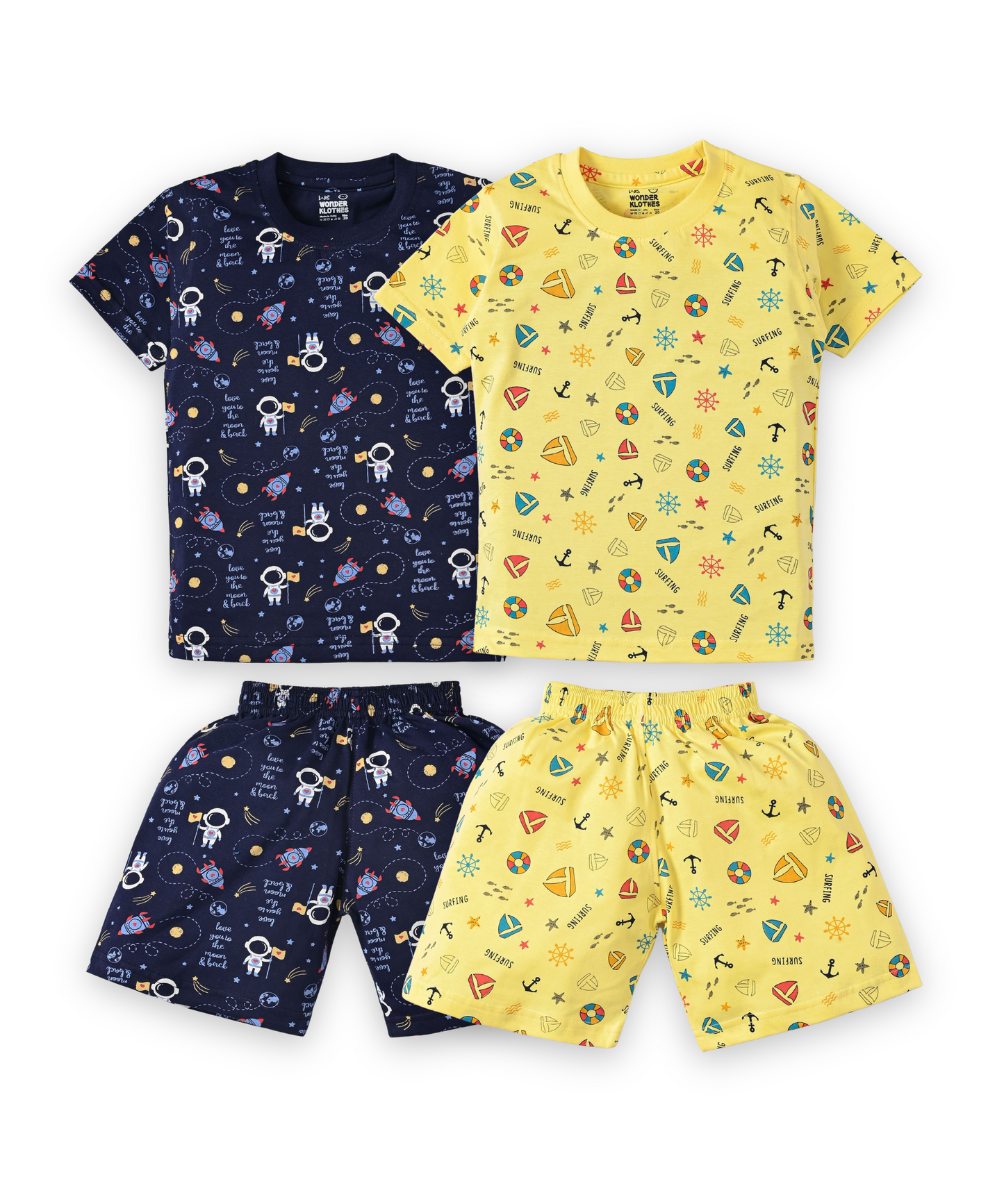 Surfing Beach and Moon Space Half Sleeves T-Shirt & Half Pant Set | Pack of 2