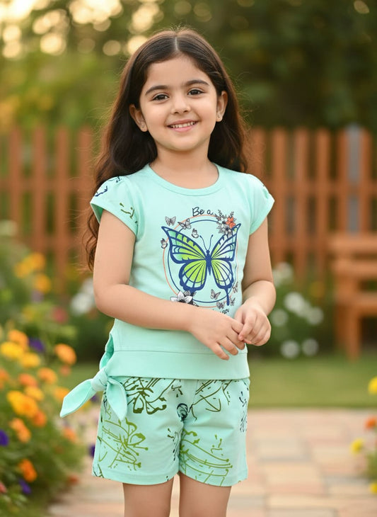 Butterfly Knot Short Sleeves Top & Hot Pant Set | Green