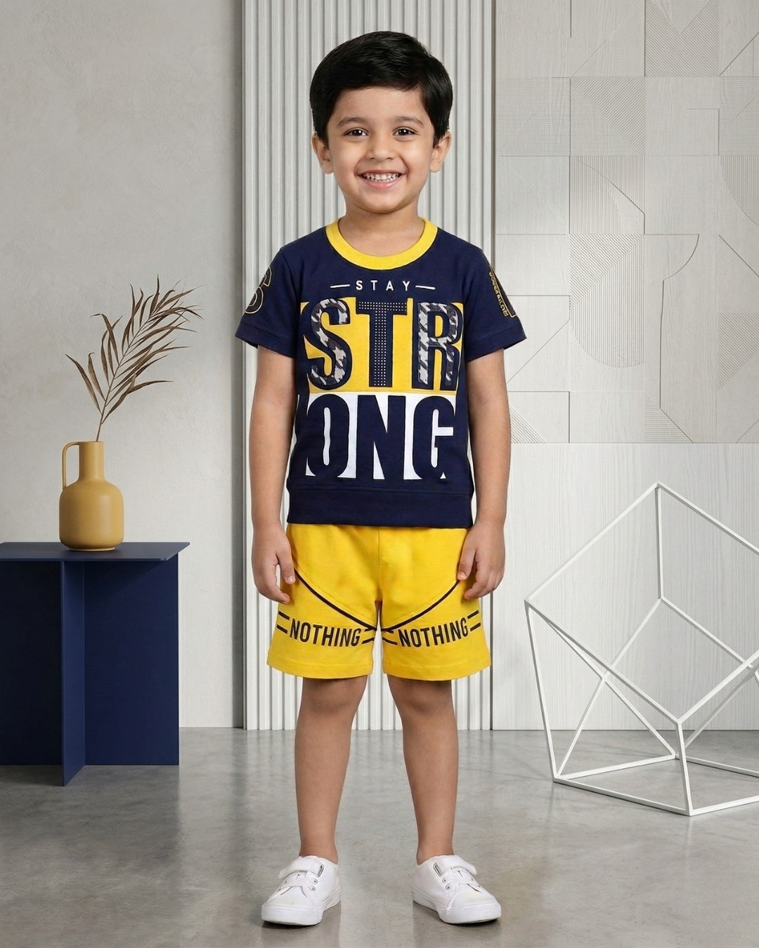 Stay Strong Half Sleeves T-Shirt & Shorts Set | Yellow