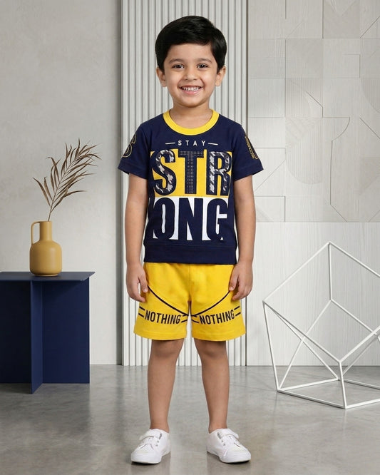 Stay Strong Half Sleeves T-Shirt & Shorts Set | Yellow