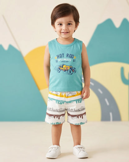 Hot Rod Racer Sleeveless T-Shirt & Half Pant Set | Green