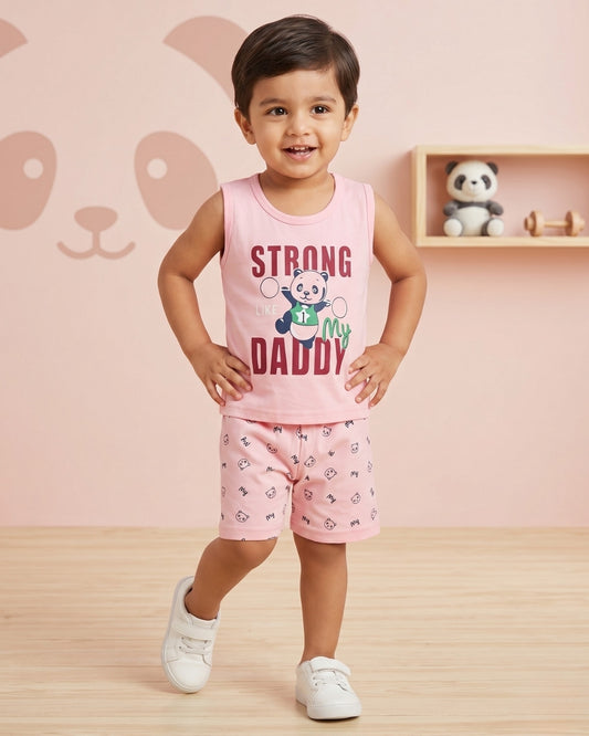 Strong Daddy Sleeveless T-Shirt & Half Pant Set | Pink