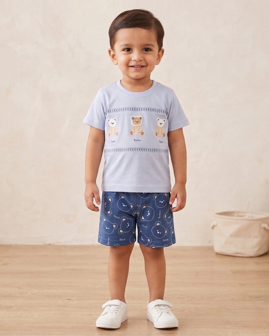 Teddy Trio Half Sleeves T-Shirt & Half Pant Set | Blue