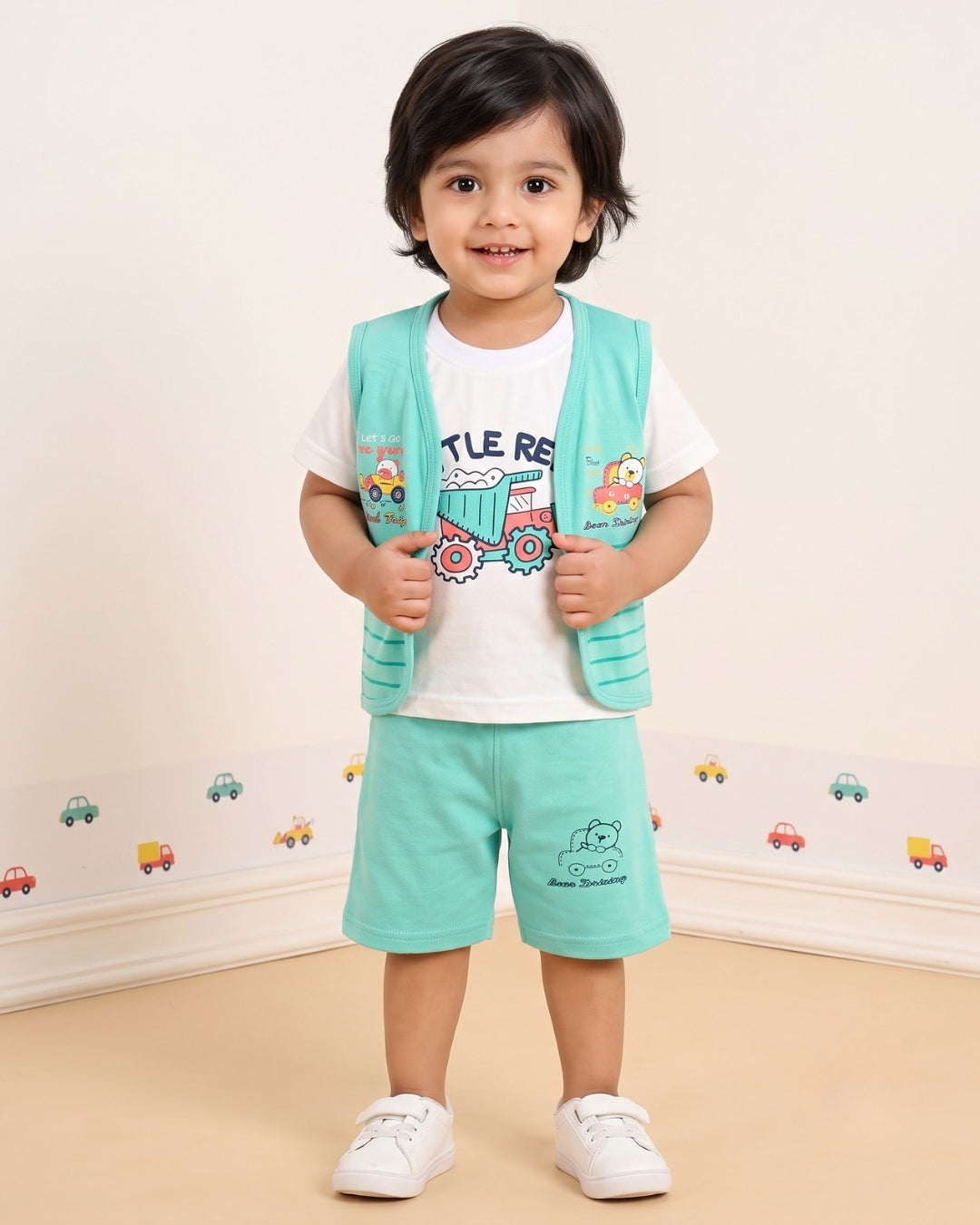 Driving Bear 3-Piece Half Sleeves T-Shirt & Half Pant Set with Sleeveless Jacket | Green