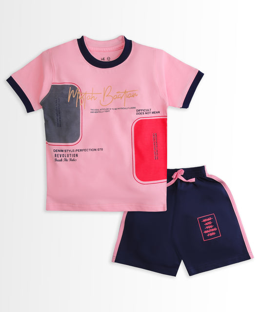 Miftah Half Sleeves T-Shirt & Half Pant Set | Pink