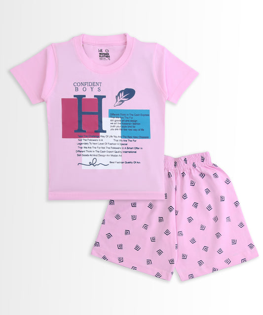 Feather Half Sleeves T-Shirt & Half Pant Set | Pink
