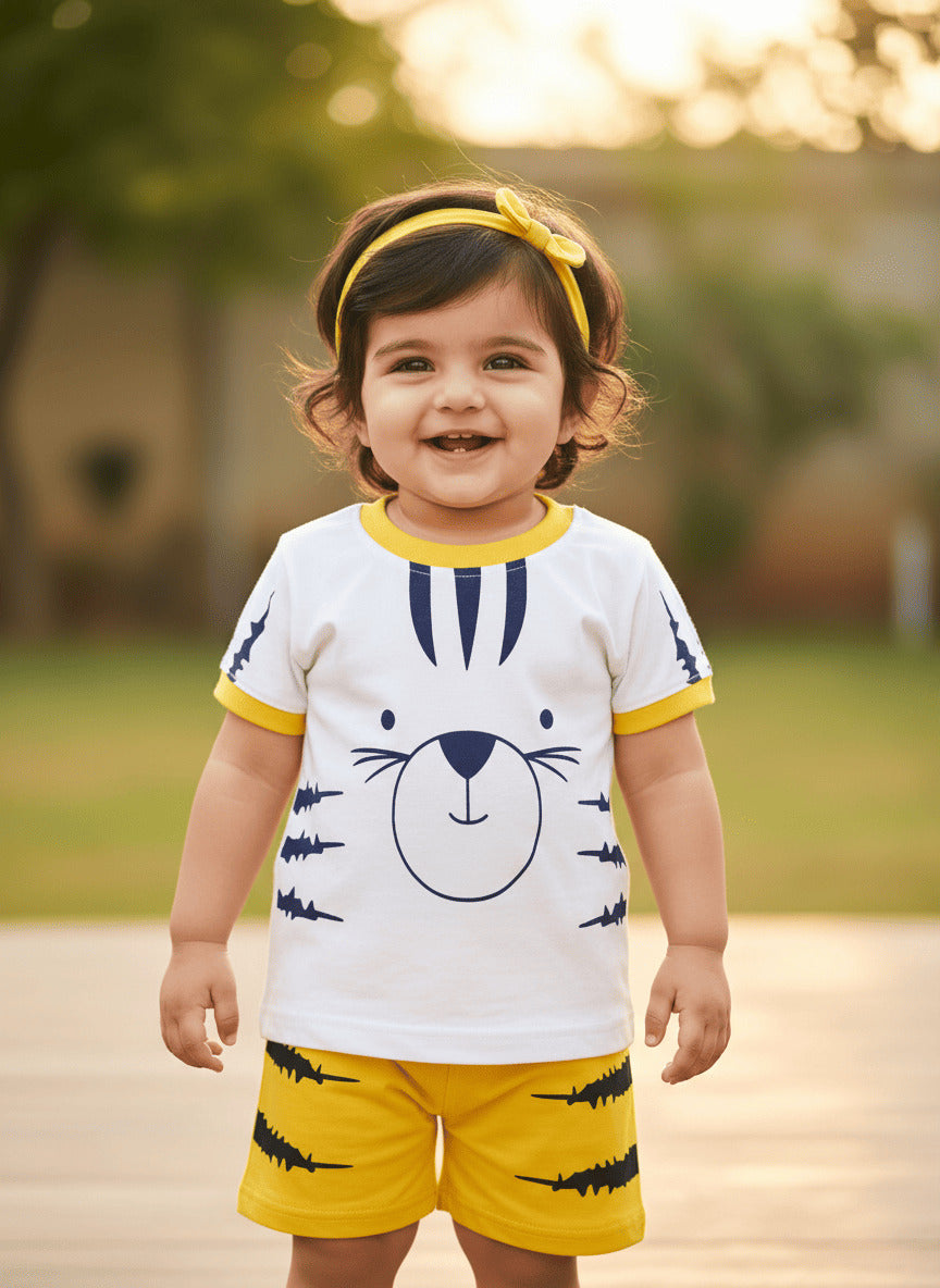 Tiger Claws Half Sleeves T-Shirt & Half Pant Set | Yellow