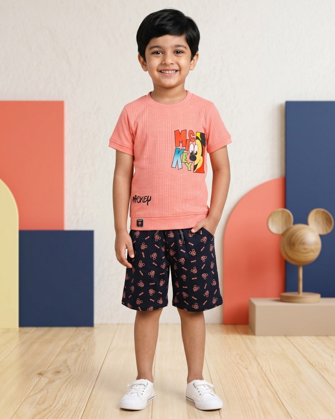 Mickey Half Sleeves T-Shirt & Shorts Set | Pink
