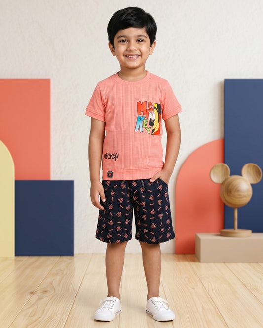Mickey Half Sleeves T-Shirt & Shorts Set | Pink