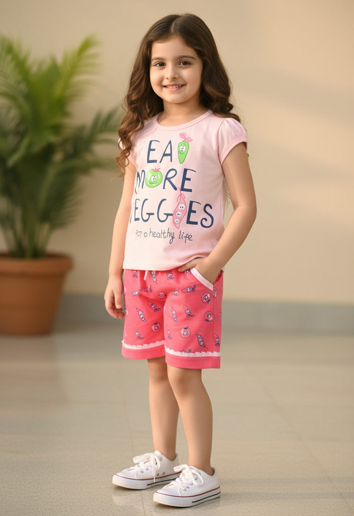Eat More Veggies Short Sleeves Top & Hot Pant Set | Pink