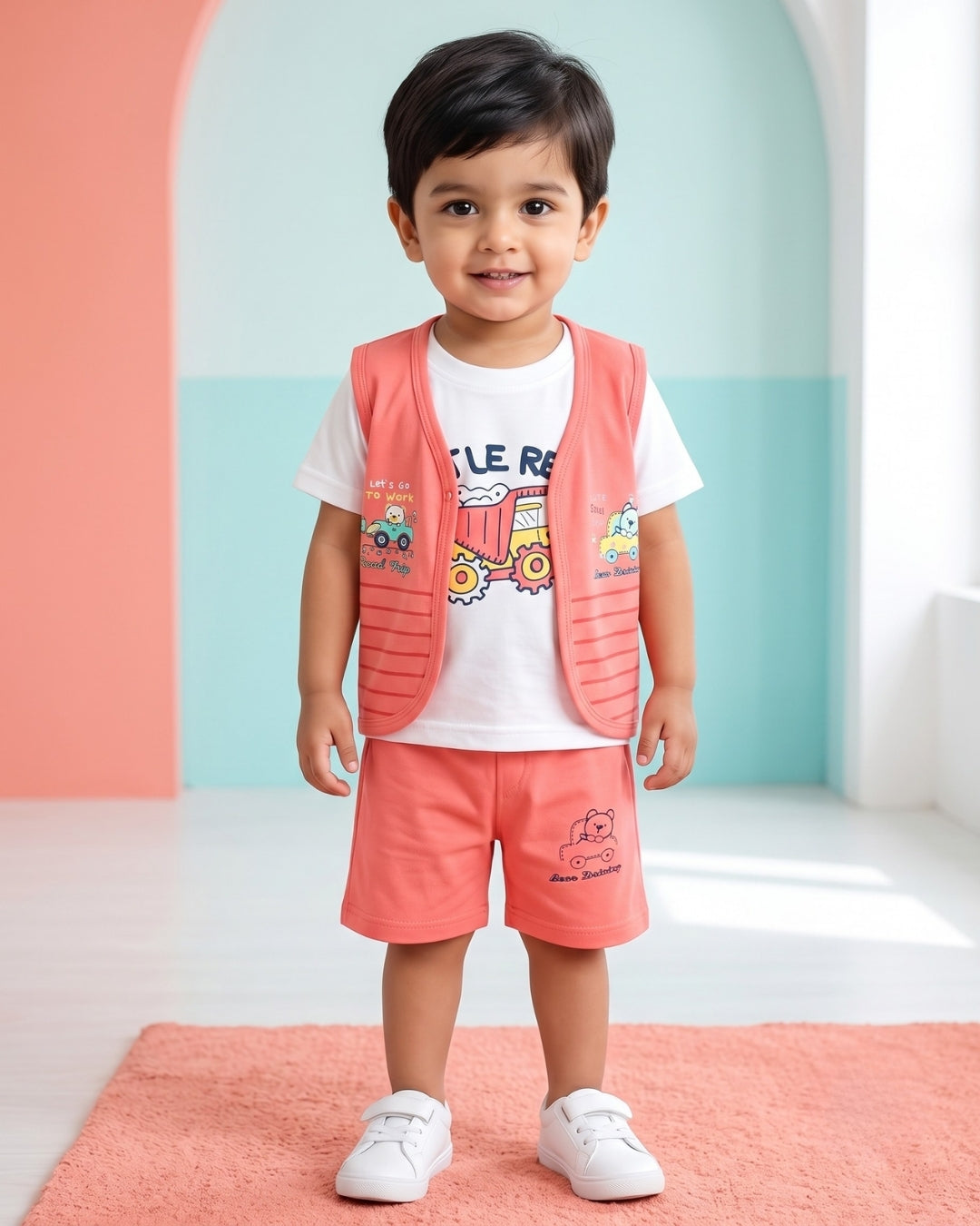 Driving Bear 3-Piece Half Sleeves T-Shirt & Half Pant Set with Sleeveless Jacket | Pink