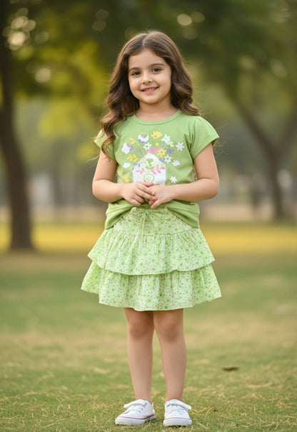 With Love Half Sleeves Top & Skirt Set | Green