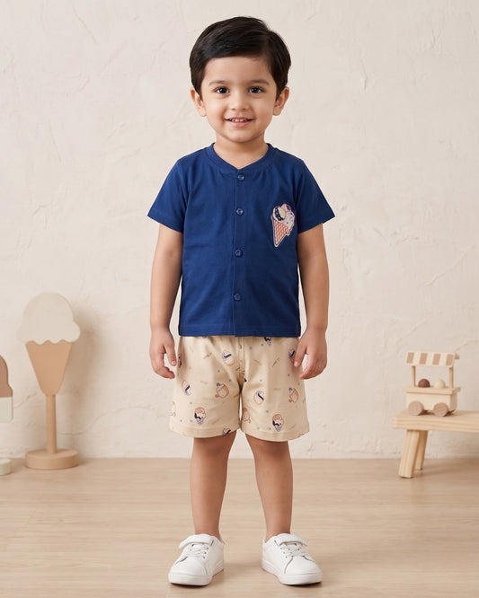 Sweet Scoops Half Sleeves Front Open T-Shirt & Half Pant Set | Blue