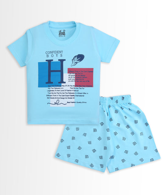 Feather Half Sleeves T-Shirt & Half Pant Set | Blue