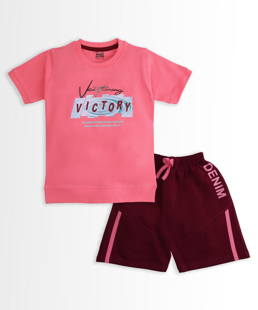 Victory Half Sleeves T-Shirt & Shorts Set | Pink