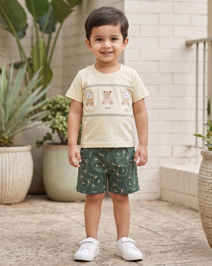 Teddy Trio Half Sleeves T-Shirt & Half Pant Set | Green