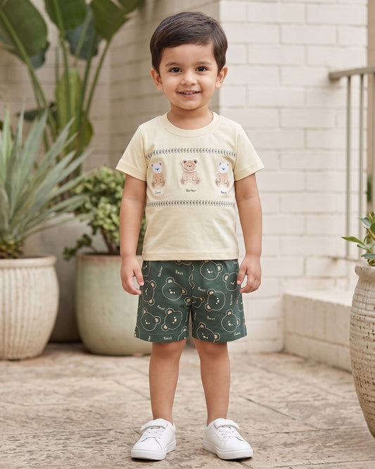 Teddy Trio Half Sleeves T-Shirt & Half Pant Set | Green