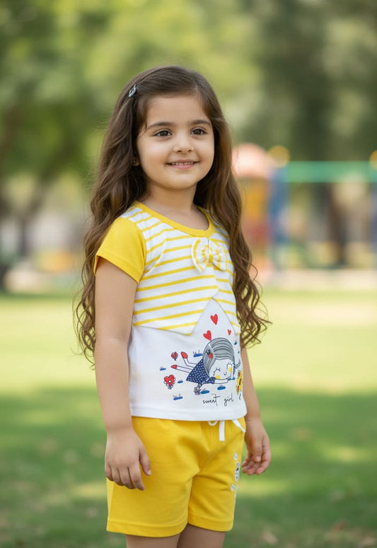 Sweet Girl Half Sleeves Top & Hot Pant Set | Yellow
