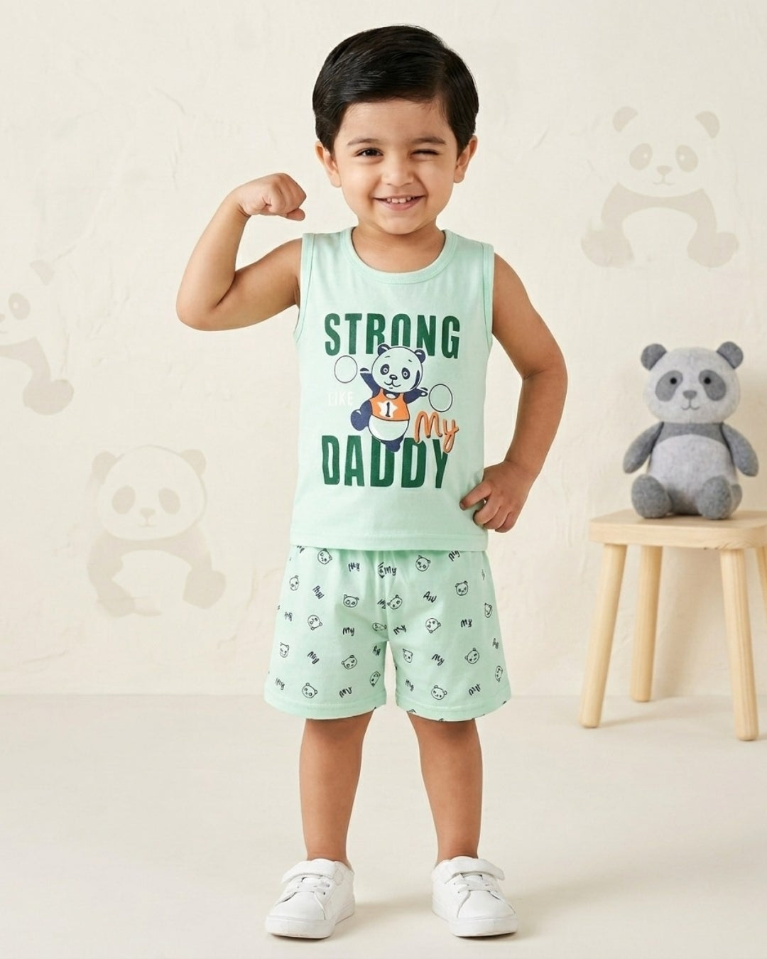 Strong Daddy Sleeveless T-Shirt & Half Pant Set | Green