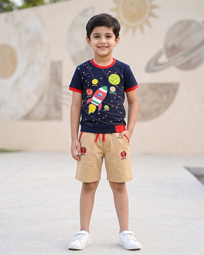 Space Explorer Half Sleeves T-Shirt & Shorts Set | Red