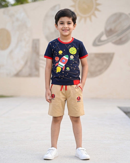 Space Explorer Half Sleeves T-Shirt & Shorts Set | Red