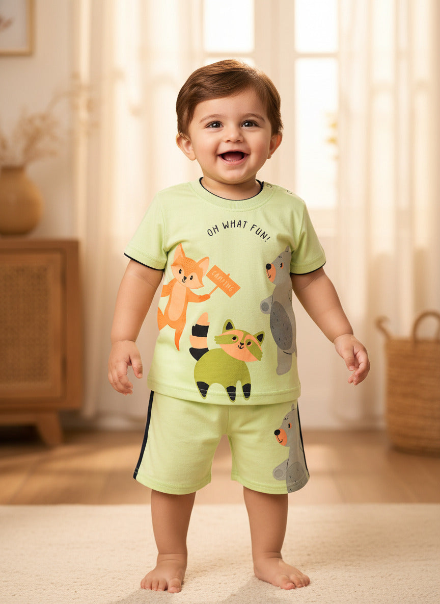 Oh What Fun Half Sleeves Shoulder Open T-Shirt & Half Pant Set | Green