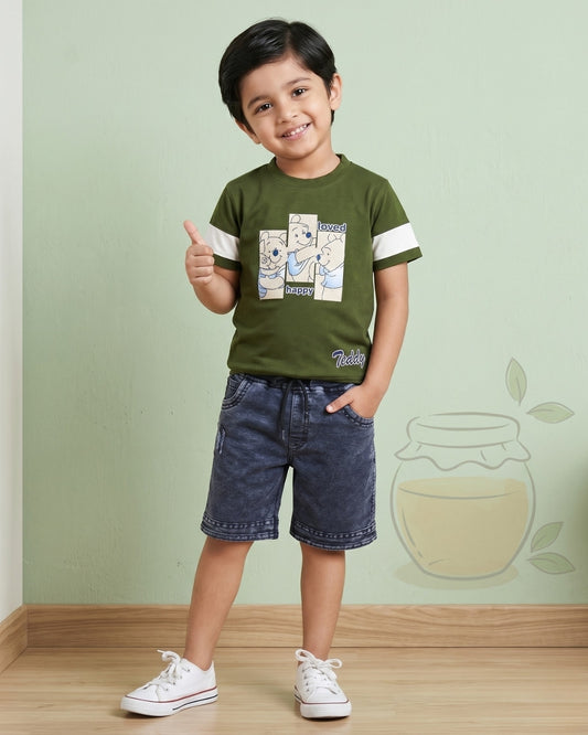 Happy Teddy Half Sleeves T-Shirt & RFD Shorts Set | Green