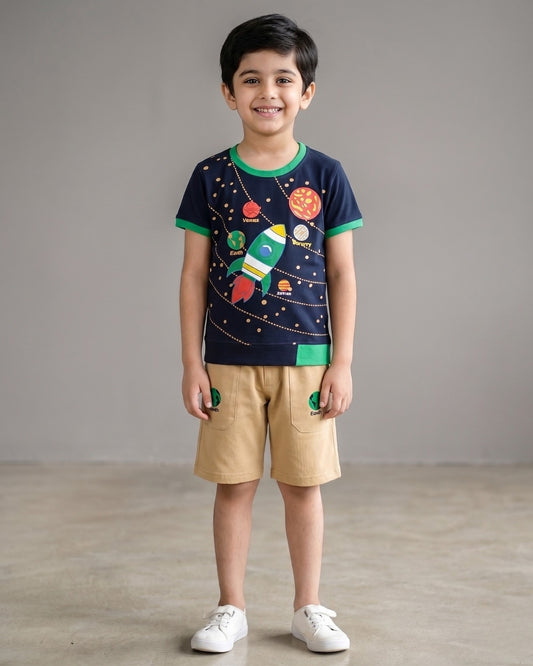 Space Explorer Half Sleeves T-Shirt & Shorts Set | Green