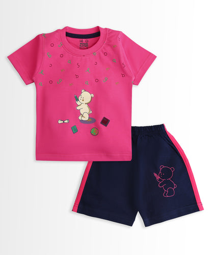 Teddy Alphabet Half Sleeves T-Shirt & Half Pant Set | Pink