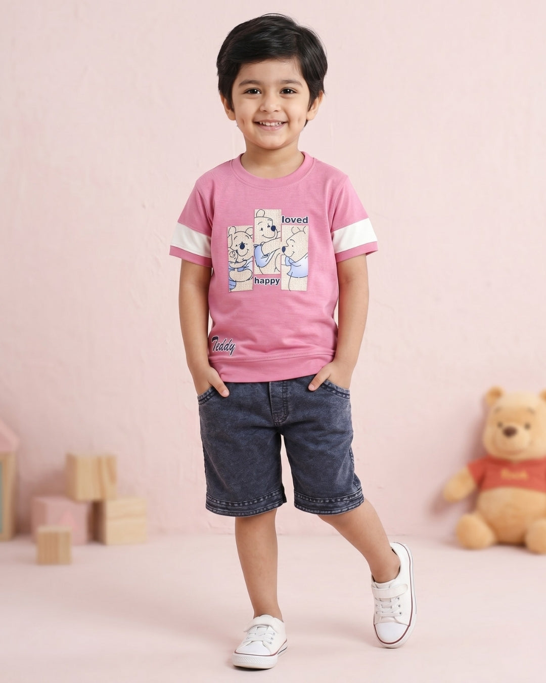 Happy Teddy Half Sleeves T-Shirt & RFD Shorts Set | Pink