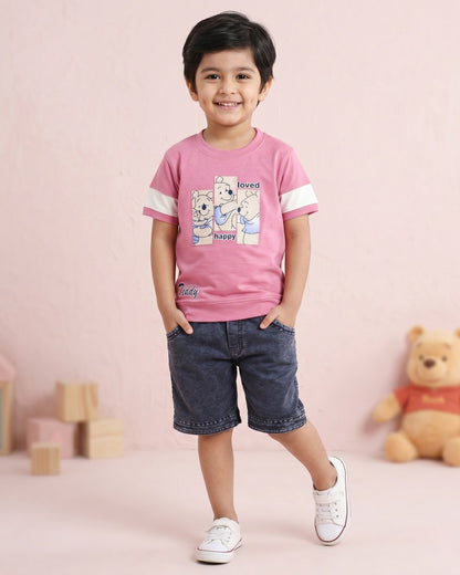 Happy Teddy Half Sleeves T-Shirt & RFD Shorts Set | Pink