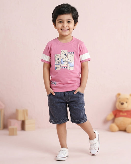 Happy Teddy Half Sleeves T-Shirt & RFD Shorts Set | Pink