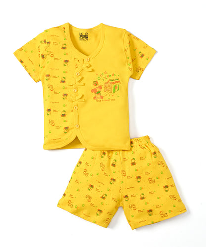 Friends Half Sleeves Front Open T-Shirt & Half Pant Set | Yellow