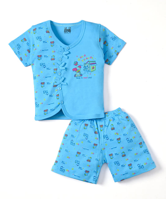 Friends Half Sleeves Front Open T-Shirt & Half Pant Set | Blue